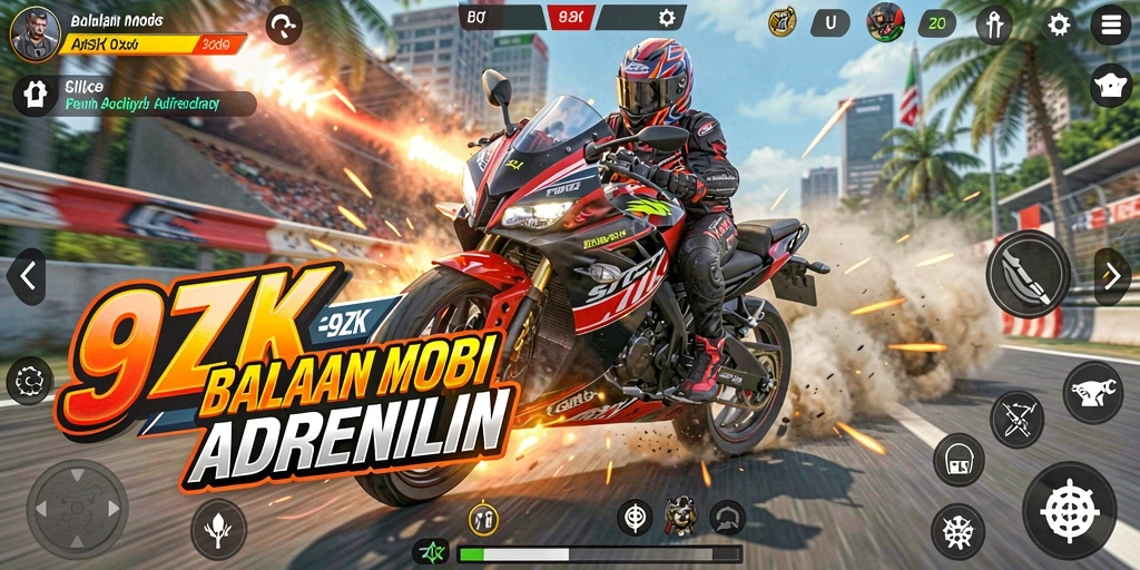 Tampilan gameplay <strong>9ZK</strong> yang mendebarkan dalam balapan motor di trek menantang.