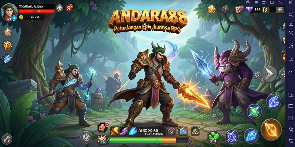 Screenshot gameplay ANDARA88 menampilkan pertempuran epik di dunia fantastis.