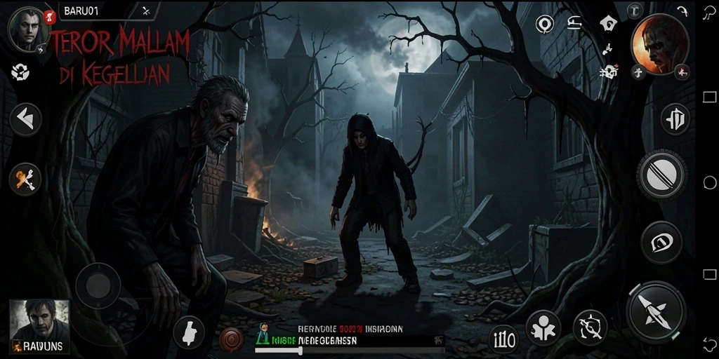 Tampilan gameplay BARU01 dengan suasana horror yang mencekam.