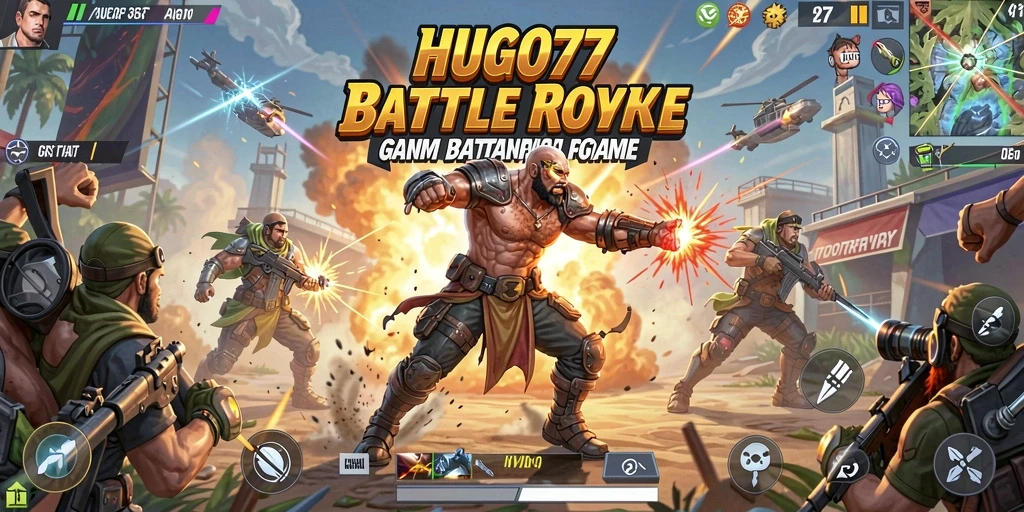 Screenshot HUGO77 menampilkan karakter beraksi dalam pertempuran seru Battle Royale.