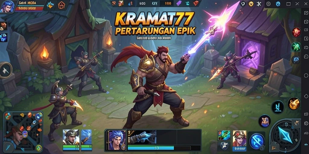 Tampilan gameplay seru KRAMAT77 dalam pertarungan MOBA.