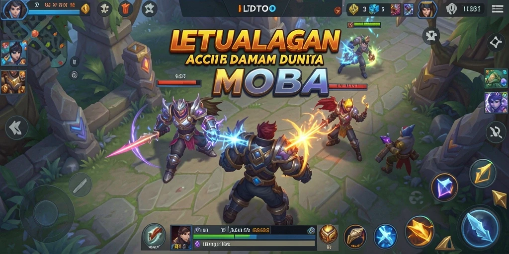 Screenshot gameplay LTDTOTO menampilkan pertempuran seru di arena MOBA.