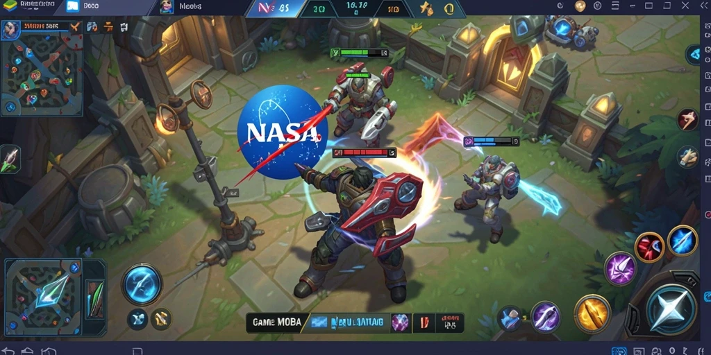 Screenshot utama NASA4D menampilkan pertarungan taktis di arena MOBA.