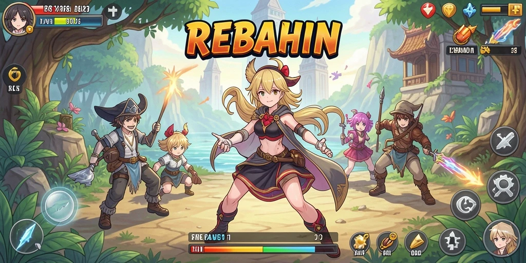 Tampilan gameplay REBAHIN menampilkan aksi karakter anime yang menegangkan.
